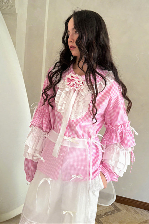 Camisa de patchwork con cuadrícula rosa muñeca