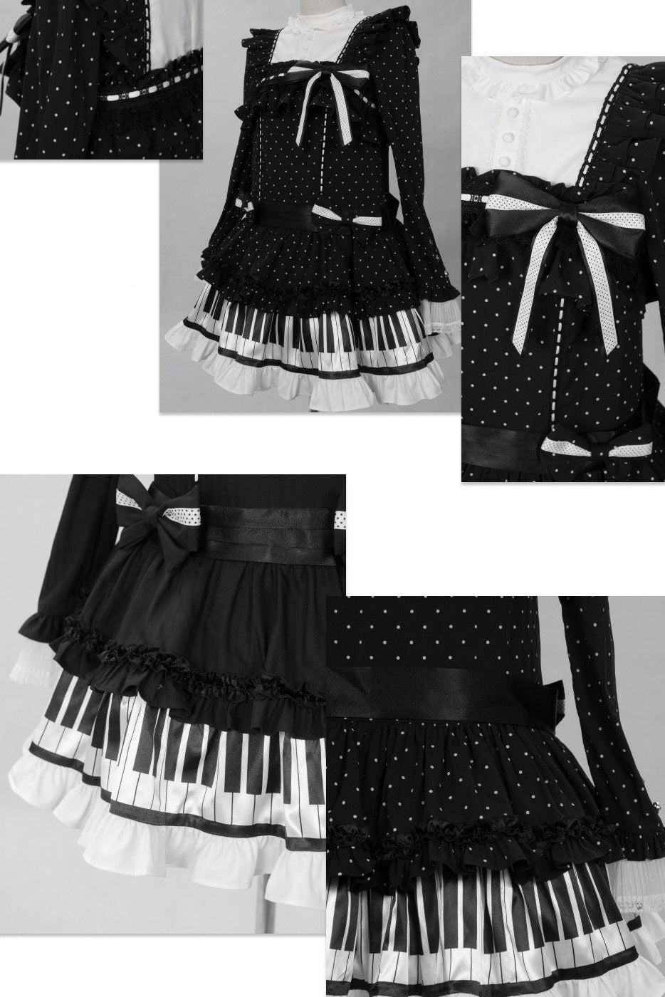 [Date limite de réservation : 22 octobre] Robe de poupée taille basse gothique Lolita à pois/noire avec touches de piano, nœud à volants