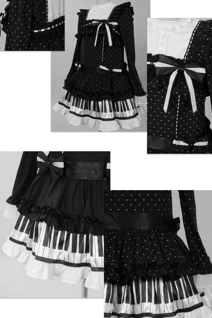 [Date limite de réservation : 22 octobre] Robe de poupée taille basse gothique Lolita à pois/noire avec touches de piano, nœud à volants