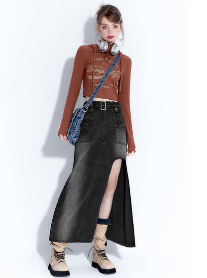 Design High Slit Denim Long Skirt