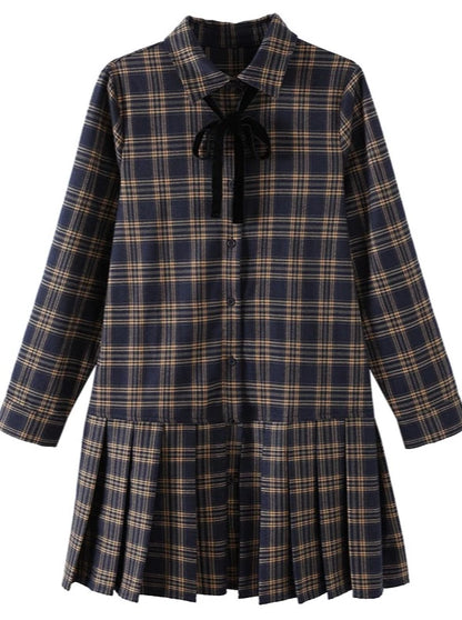 Retro Check Slim Ribbon Shirt Dress