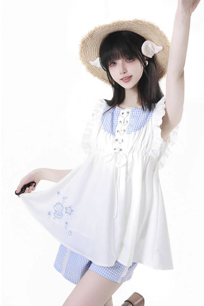 シェルパズルノースリーブトップス＋チェックショートパンツ＋バルーンドレス