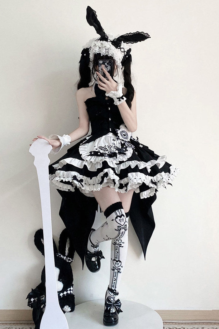 【2月13日予約締切】ブラックホワイトゴシックアリスラビットフリルビスチェトップメイドスカートドレスセット＋アクセサリー