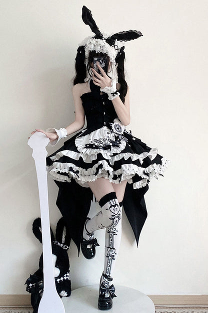 【2月13日予約締切】ブラックホワイトゴシックアリスラビットフリルビスチェトップメイドスカートドレスセット＋アクセサリー