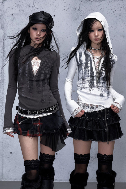 레이스 패치워크 타이트 후드 파커