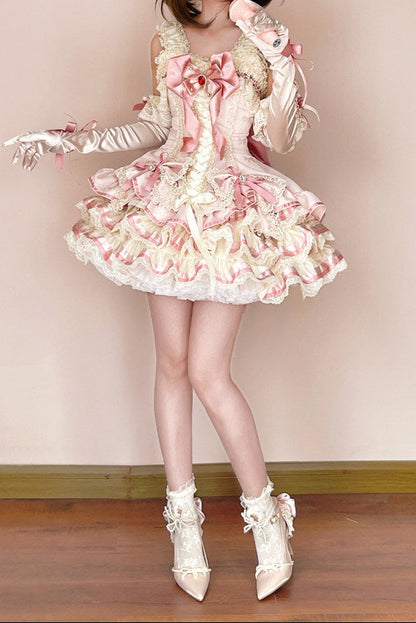 [Bestellfrist 30. April] Süßes Rosa-Lolita-Spitzen-Schleifenkorsett-Stufenrock-JSK-Kleid