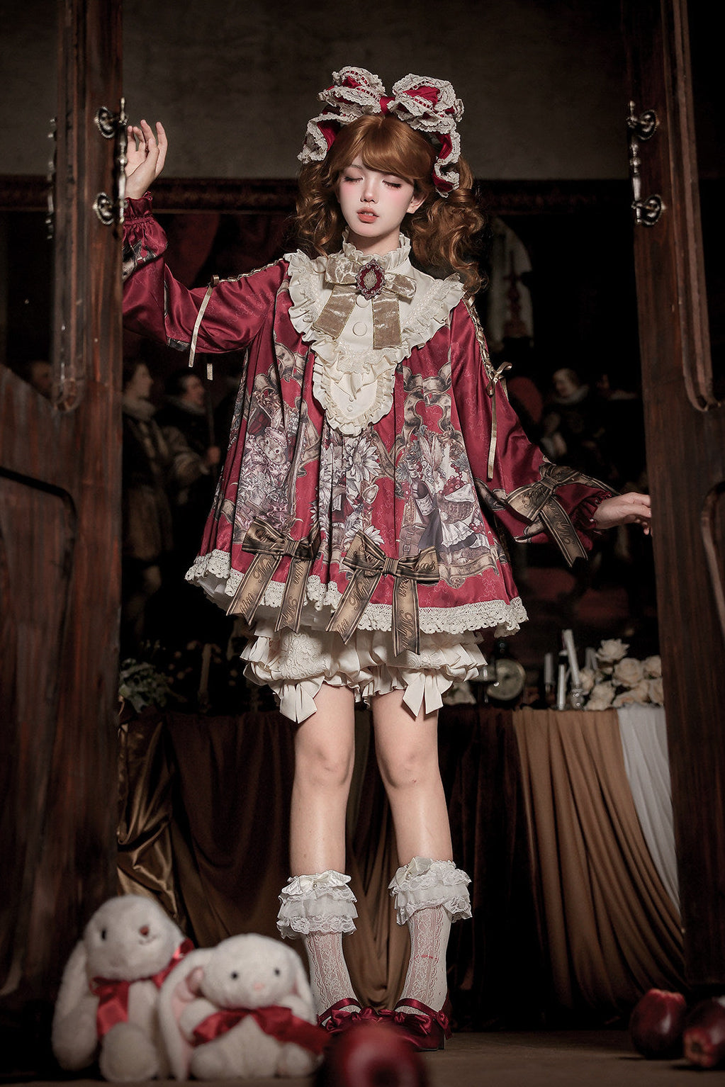 【11月3日予約締切】Antique Bow Burgundy Rabbit Print Frill Doll Dress + Shorts Set