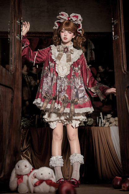 【11月3日予約締切】Antique Bow Burgundy Rabbit Print Frill Doll Dress + Shorts Set