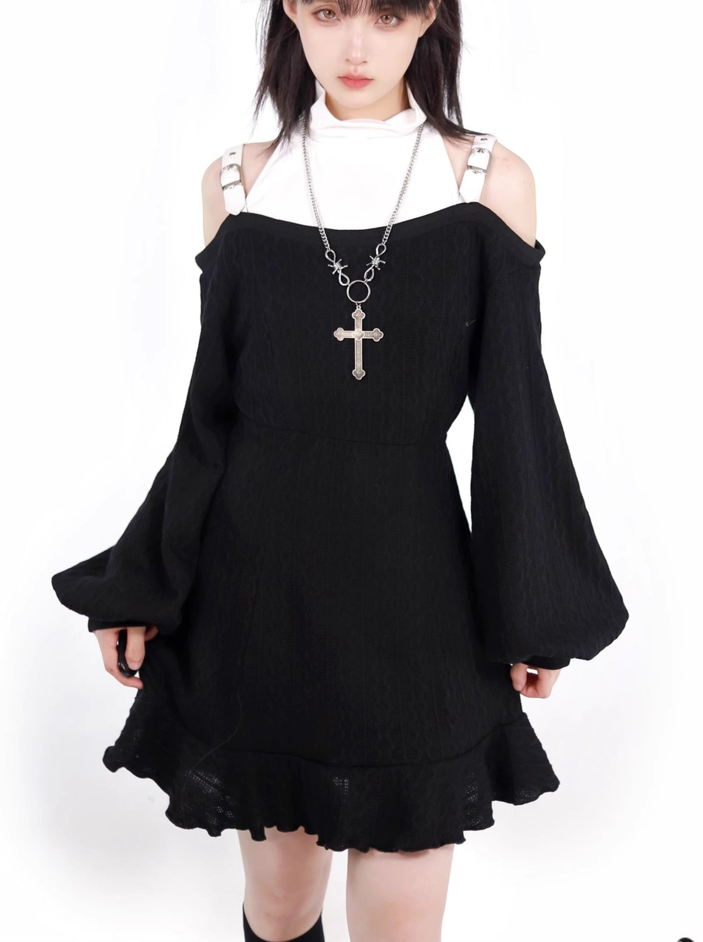 Cross Gothic Black Knitted Top Skirt + Black White Off Shoulder Dress Set Up