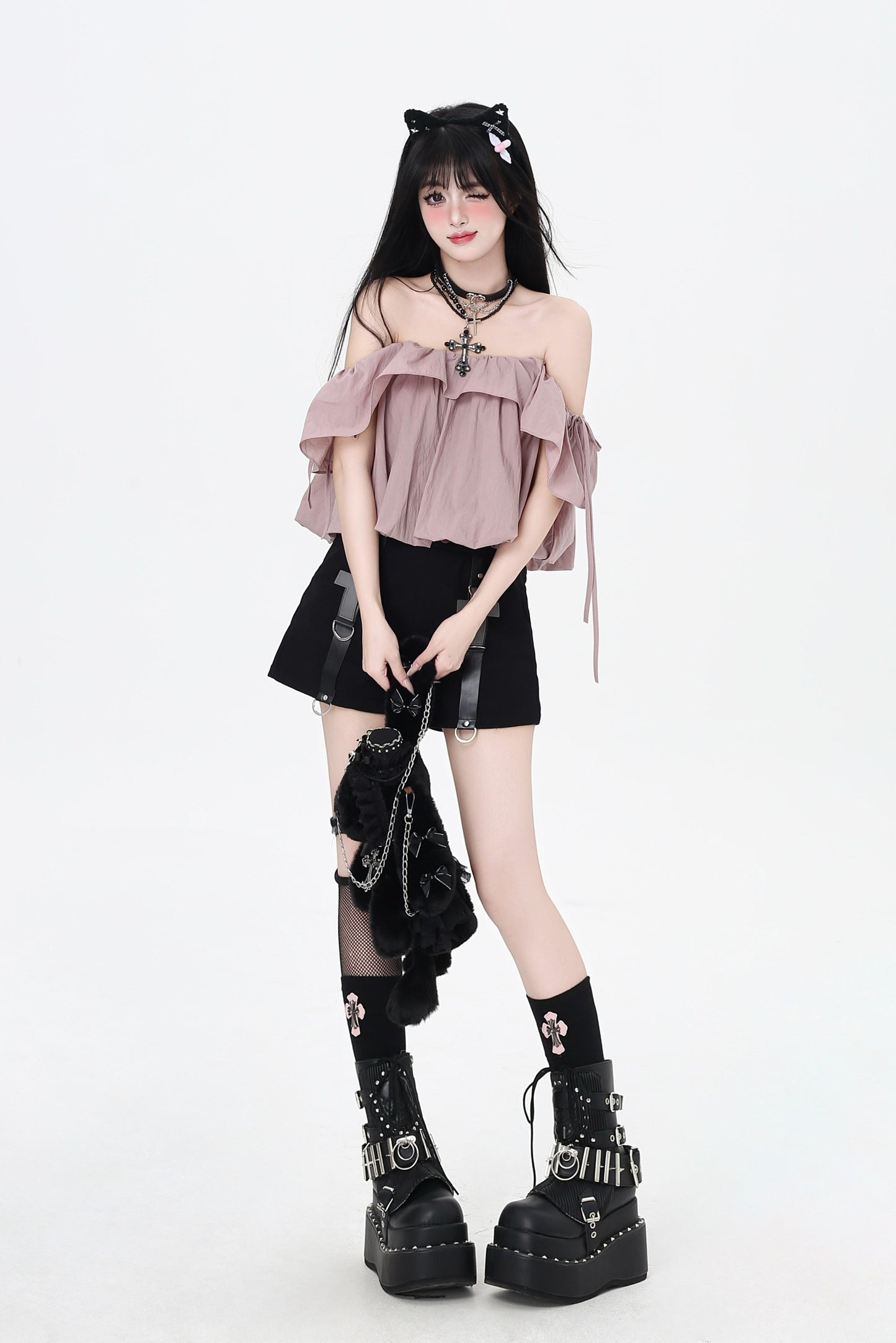 3-Style One-Shoulder Drawstring Top & Skirt