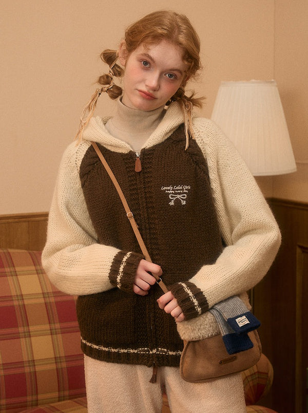 レトロフードモヘアニットフードジップアップアウター