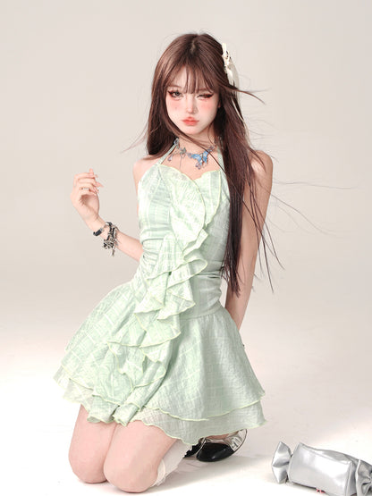 Mint Green Halter Neck Ruffle Dress