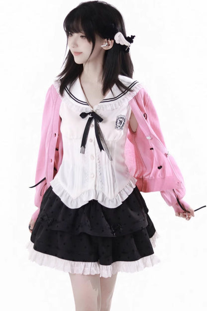 Cárdigan Dark Kawaii con cordones + Top marinero sin mangas + Falda