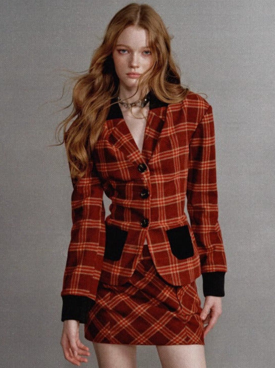 American Retro Red Check Blazer Skirt Two Piece Suit