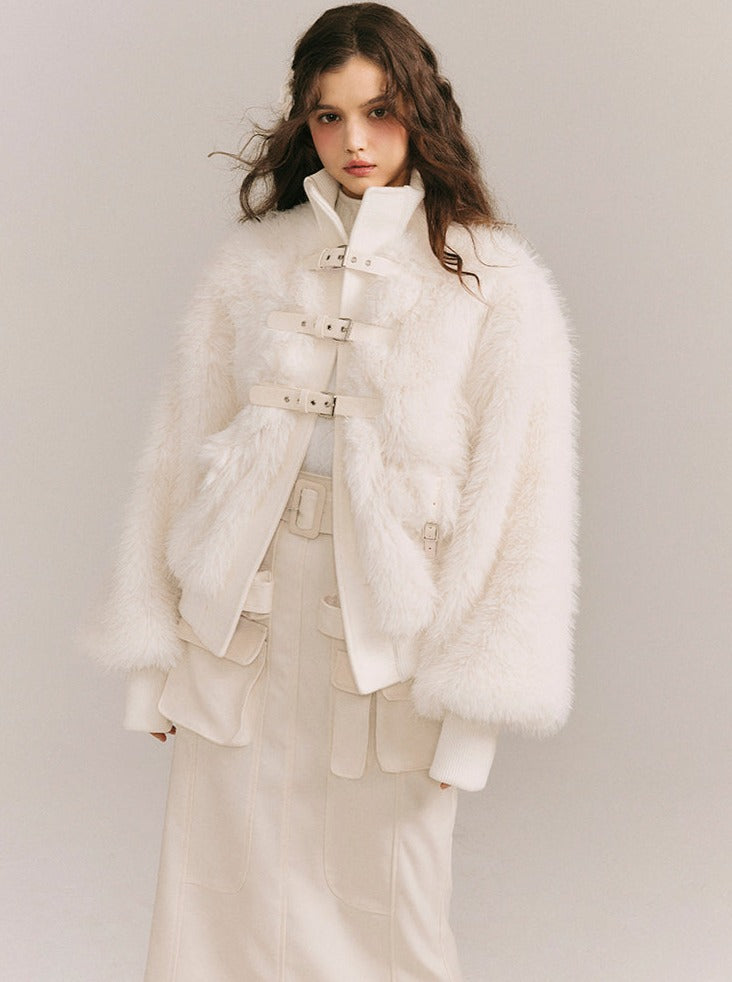 Soft light leather buckle wrap fur coat