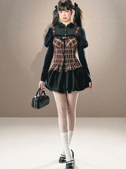 Puff sleeve little black shirt + check suspenders + flared skirt