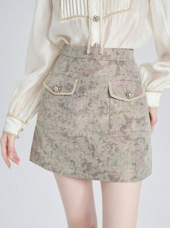 French apricot stand collar shirt + retro design skirt