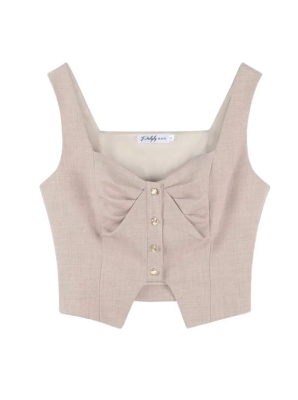 Polo collar pink shirt + pleated skirt + short ribbon vest