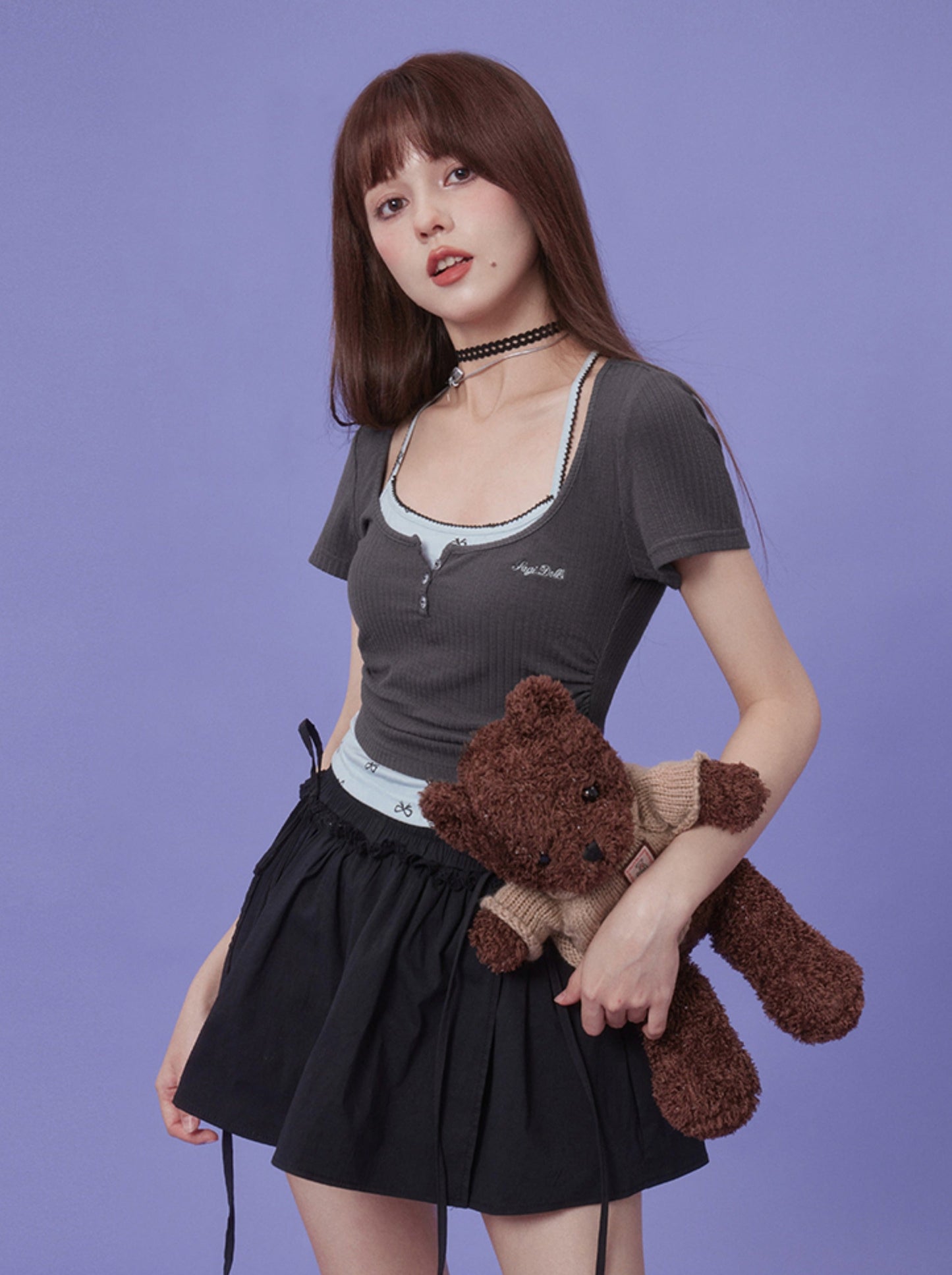 SagiDolls Girly Fighting Spirit Dark Bow Lace-up Structured Tuffy Culottes Versatile Age-Reducing College Summer