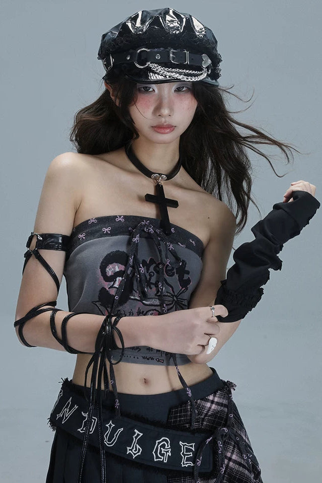 Y2Kパッチワークプリンテッドチューブトップ