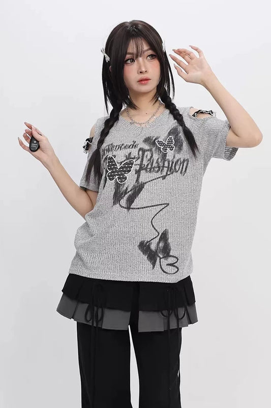 バタフライグラフィティオフショルダートップス