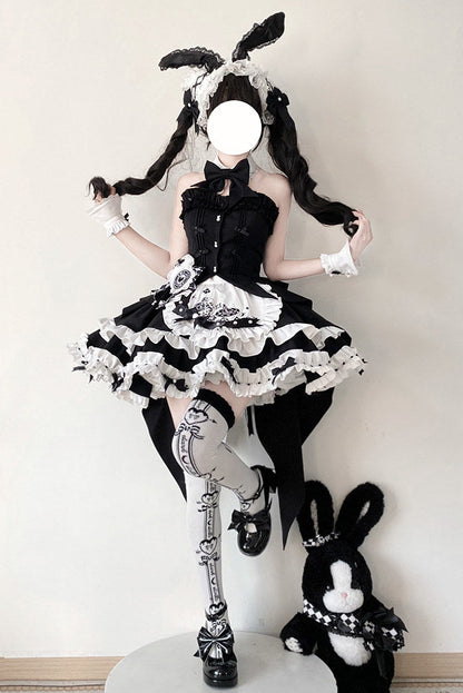 【2月13日予約締切】ブラックホワイトゴシックアリスラビットフリルビスチェトップメイドスカートドレスセット＋アクセサリー