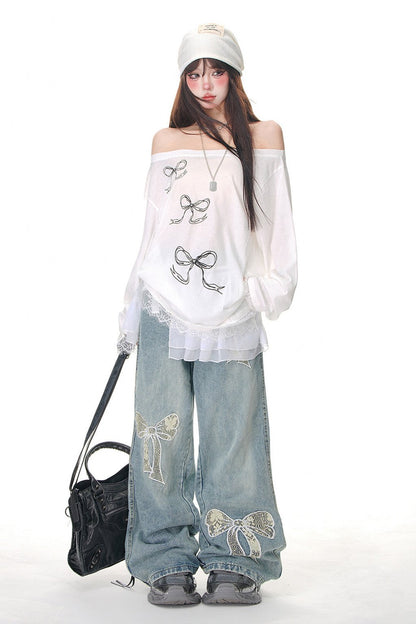 Lace Ribbon Wide Leg Jeans