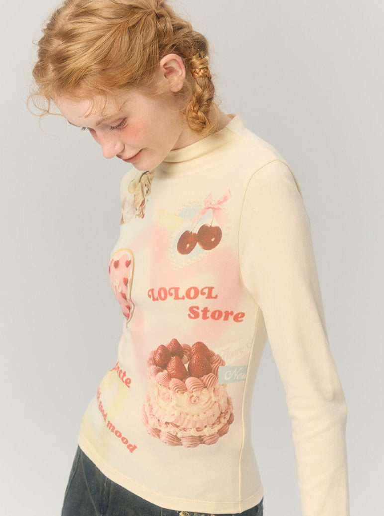 Half Turtle Collar Retro Sweet Illustration Top