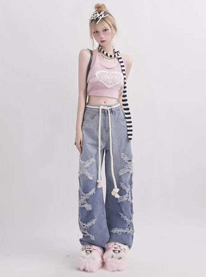 Hip -hop High Striped Design Straight Wide Drape Denim Pants