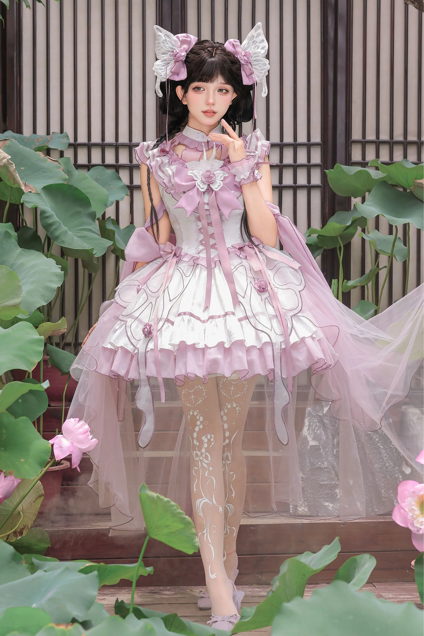 【8月18日予約締切】蝴蝶フェアリーチャイナロリータエンブロイダリーリボンレイヤードドレスコンプリートセット