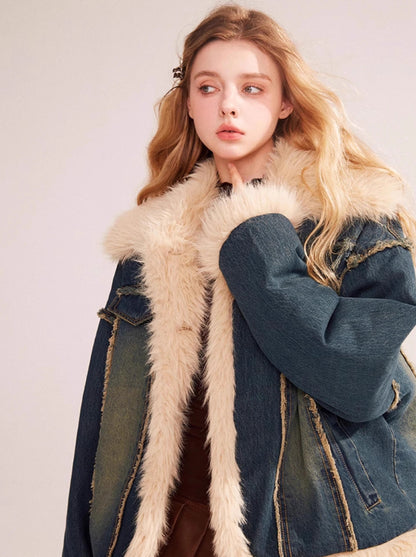 Retro fur stitch denim jacket