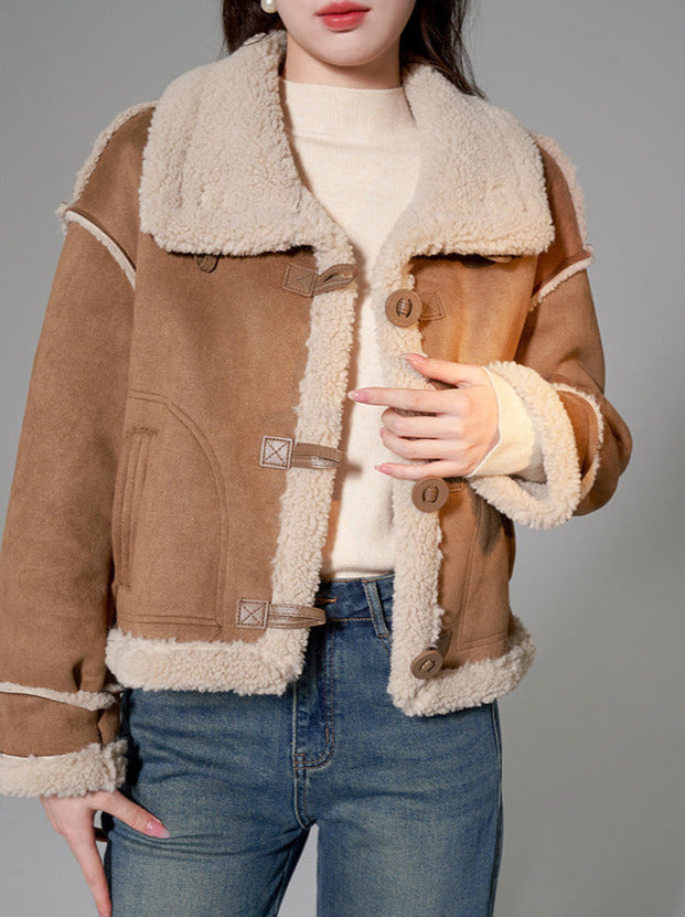 Brown Splicing Mouton Fur Short Coat