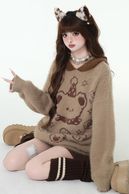 Cute bare hooded knit top