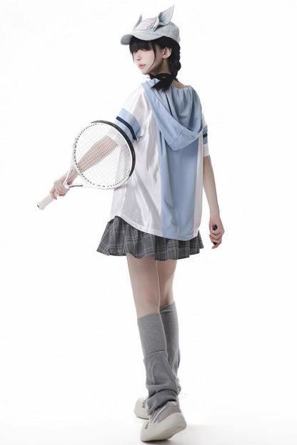 Blue Jersey Design Top + Ruffle Skirt + Hooded Top