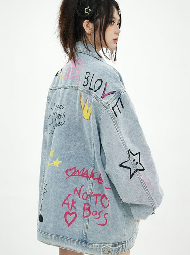 Spray art design oversized denim jacket