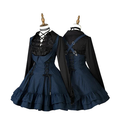 【12月29日予約締切】ゴシックロリータダークカラーストライプバッククロスフリルサスドレス