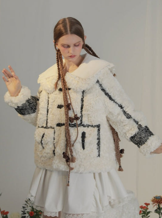 High Neck Color Jacquard Seam Fur Coat