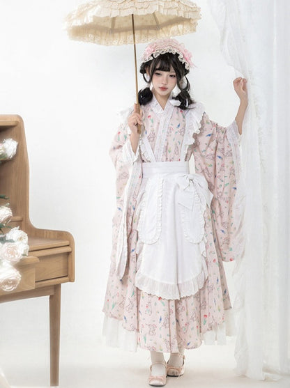 Japanese maid print skirt apron Lolita set