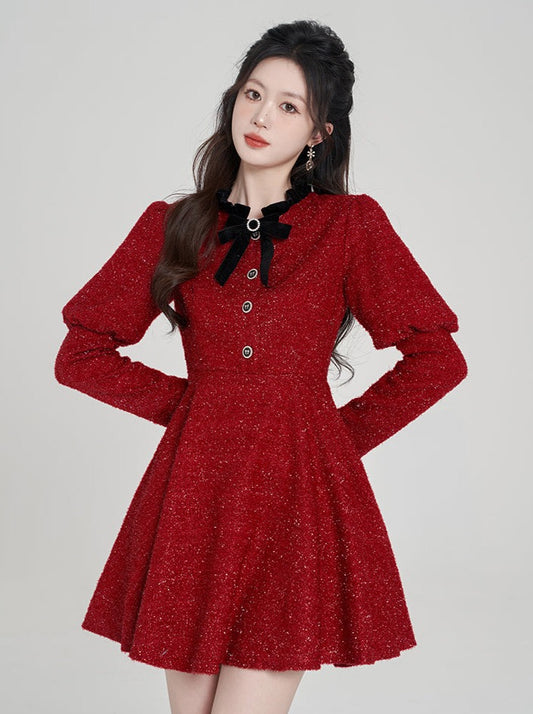 フランスレッドダークレッドリボンシャイニーワンピース