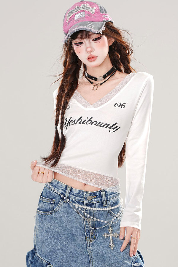 V-neck slim lace patchwork top