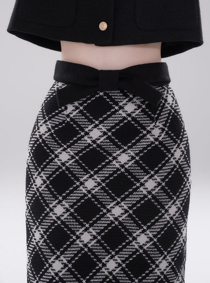 High-end ruffle collar layered short padded jacket + checked skirt