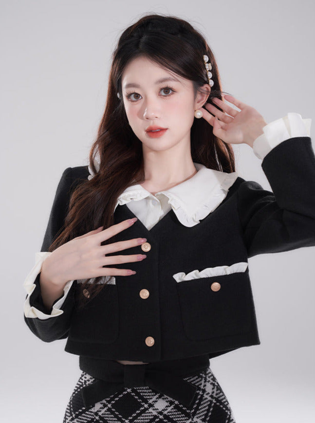 High-end ruffle collar layered short padded jacket + checked skirt