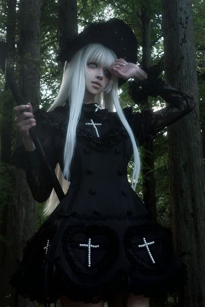 【12月6日予約締切】Night Crossダークエレガントゴシックロリータジュエルリボンケープ＋ショートドレス