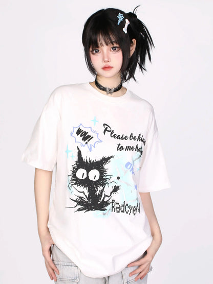Cartoon Cat Contrast Color Print T-Shirt