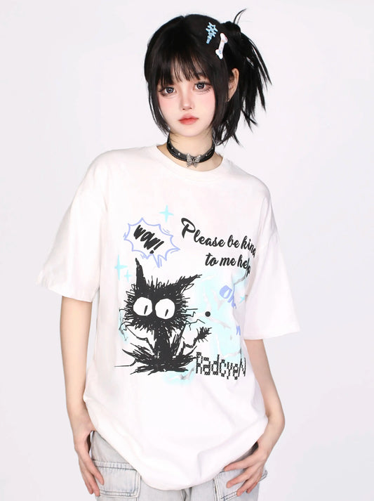 KNOW8 original two-dimensional cartoon cat cat contrasting color print T-shirt cute top new loose and thin