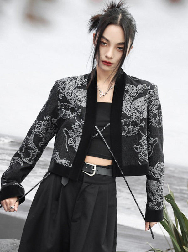 レトロダブルブレストジャカードスプライシングハイウエストルーズドラゴントップス