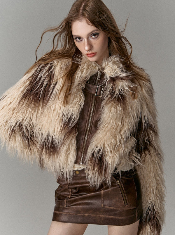 アニマルロングファーレザージッパーコート
