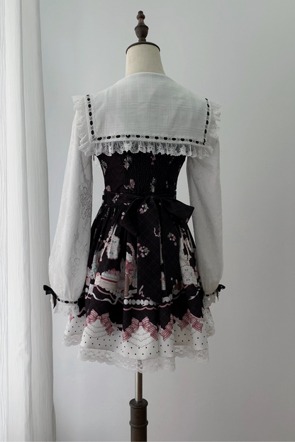 【8月30日予約締切】Black and Pink rabbit print lace sailor collar Op dress +pleated dress skirt set＋ 3 Styles of Bow Tie Available