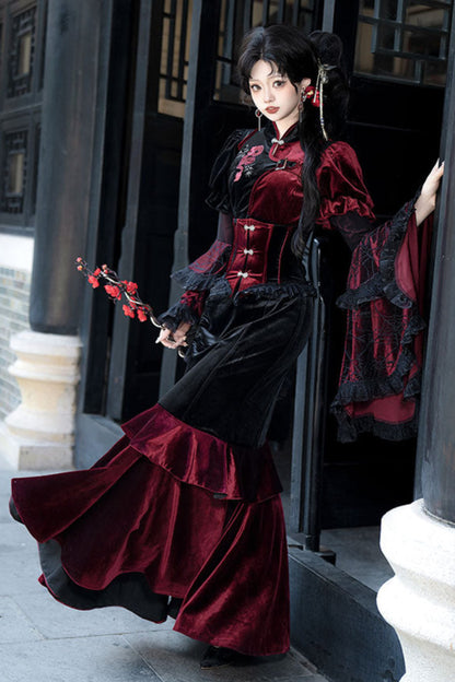 Graceful Black Red China Dark Elegant Long Dress