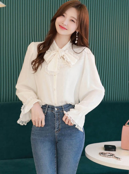 Ribbon lace chiffon shirt